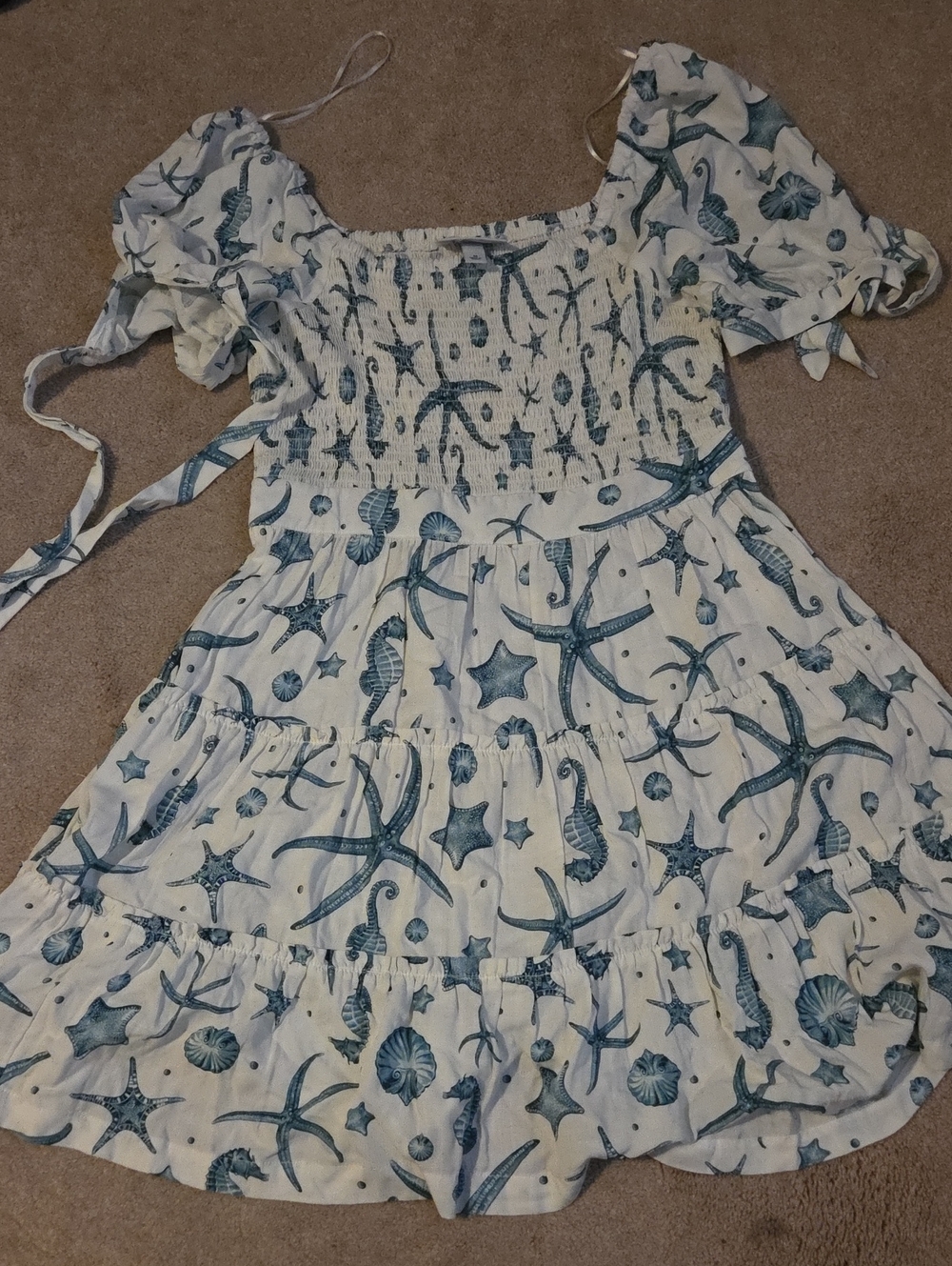 Aguabendita Sea Shells Smocked Dress M Pockets